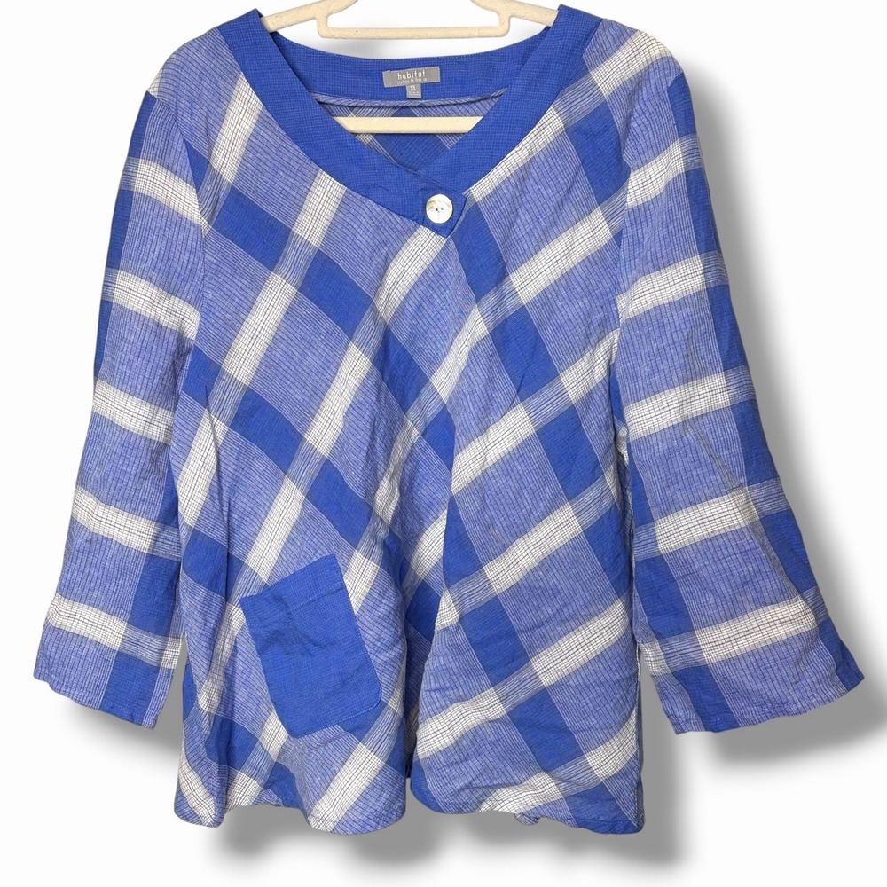 Habitat‎ Top Womens XL Blue Linen Blend Diamond Pearl Button Boxy Art Lagenlook